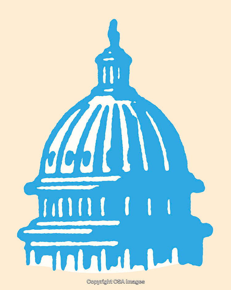 Blue Capitol Building Illustration on Beige Background, Iconic Government Architecture