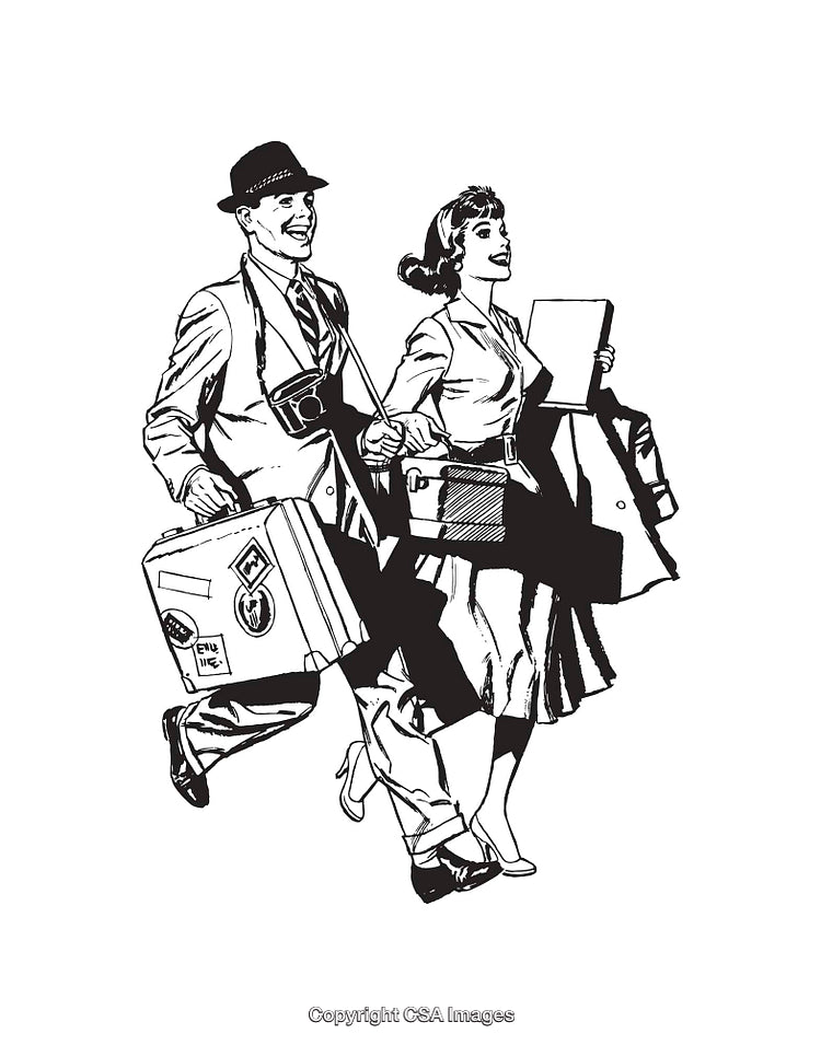 Retro Line Art Illustration of a Traveling Couple in Black and White