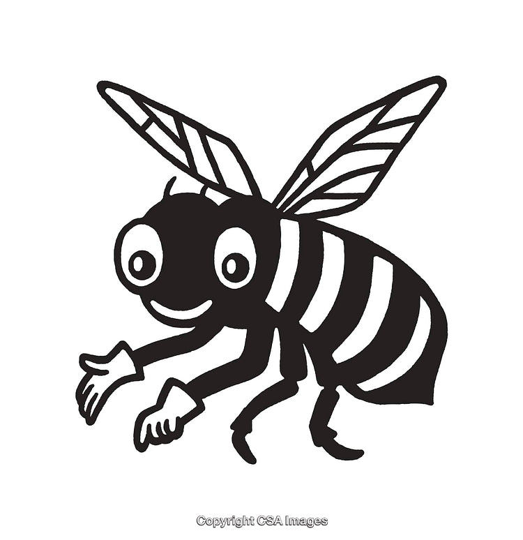 Black and White Cartoon Drawing of a Friendly Bee Character