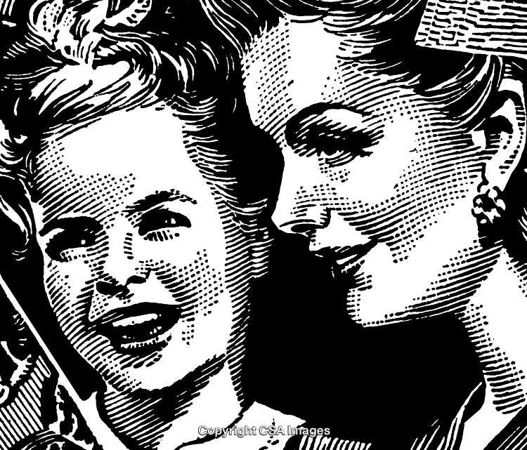 Vintage Black and White Engraving of Women in Close Conversation