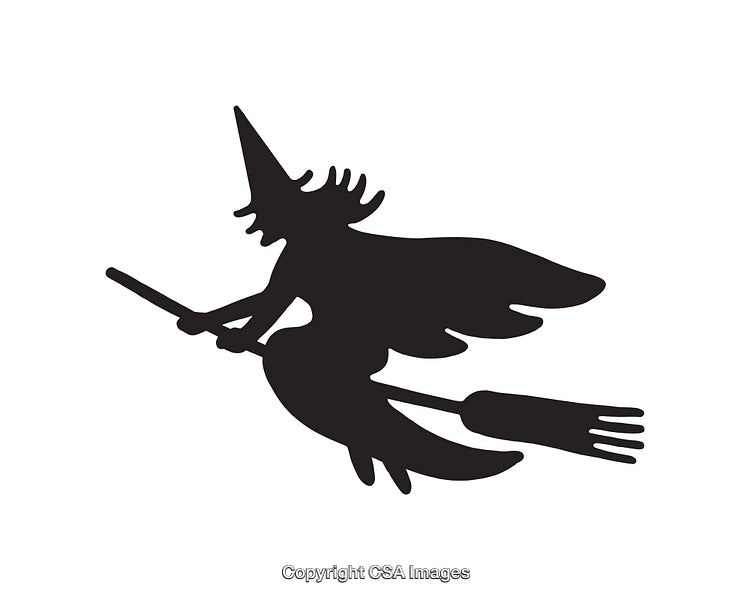 Silhouette of a Witch Flying on a Broom in Black and White