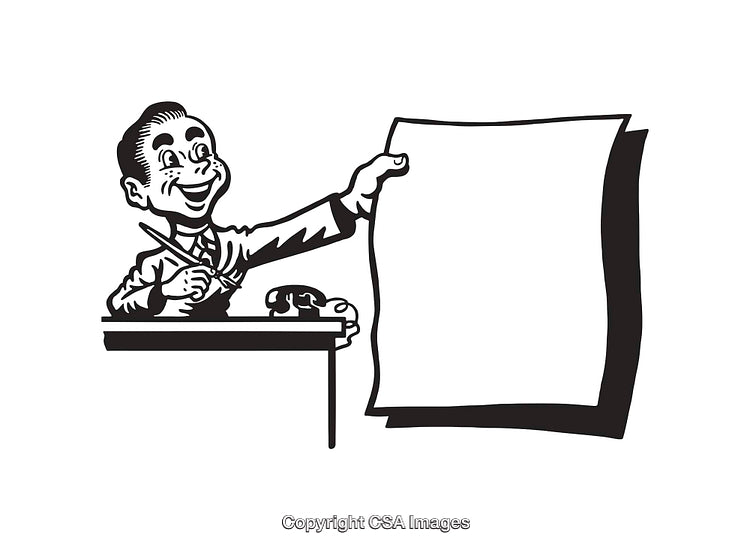 Black and White Retro Line Art of Business Person at Desk