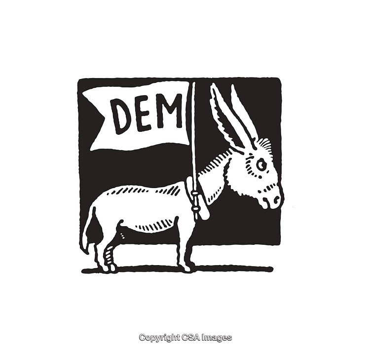 Black and White Line Art of Donkey Holding Democratic Party Flag