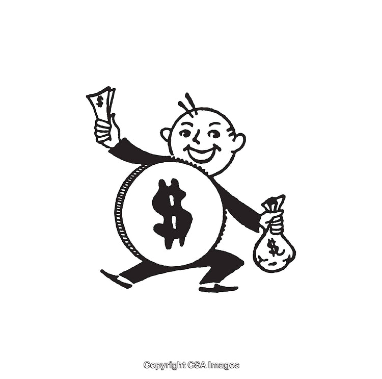 Black and White Drawing of a Happy Money Character with Dollar Signs