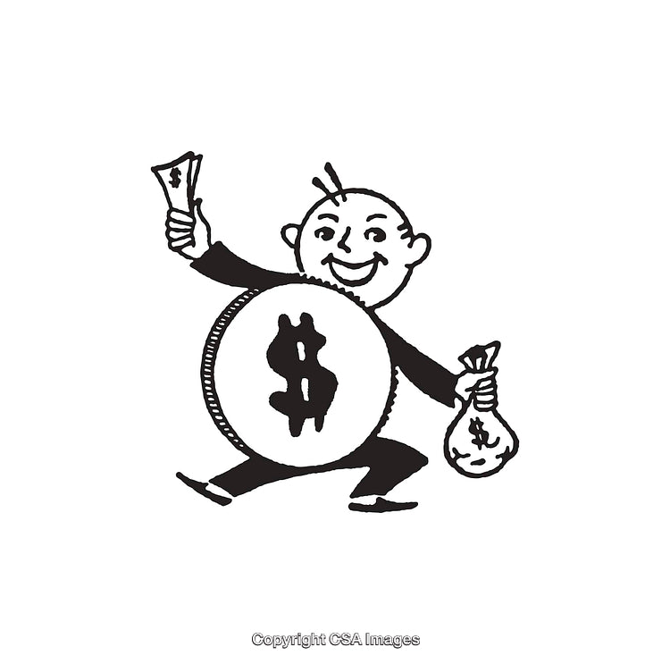 Black and White Drawing of a Happy Money Character with Dollar Signs