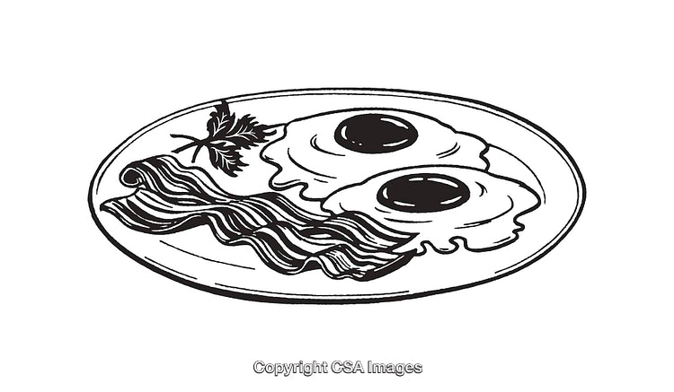 Black and White Line Art of Breakfast with Eggs and Bacon