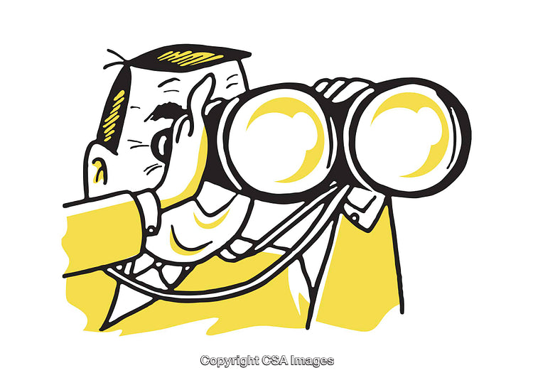 Businessman Observing with Binoculars in Vibrant Yellow Illustration Style