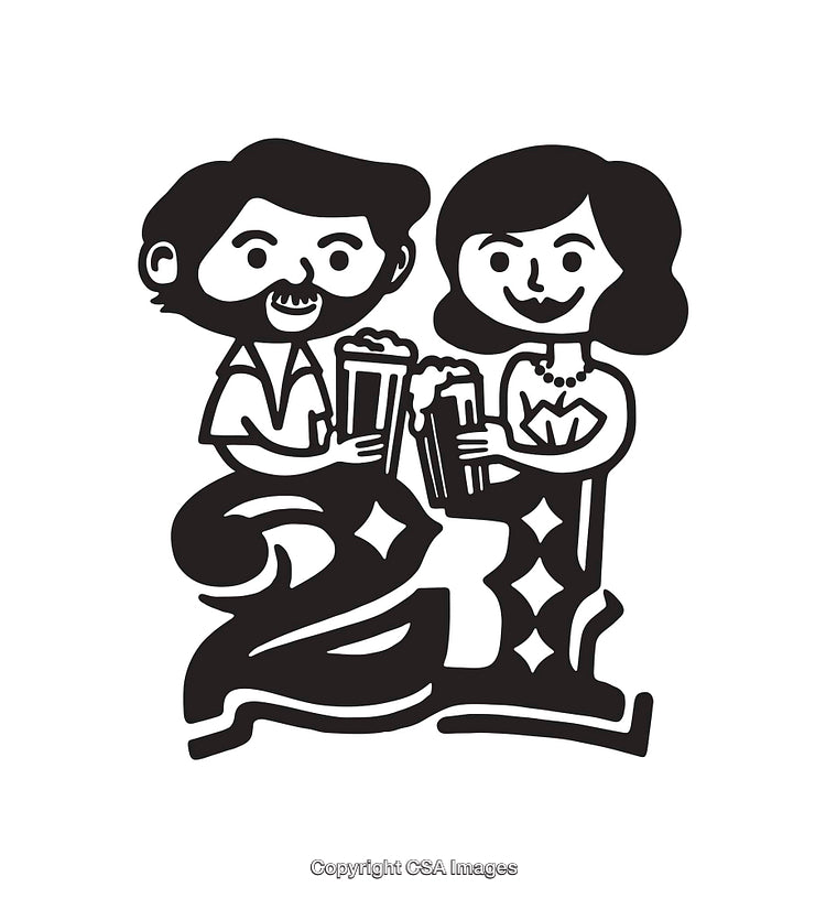 Black and White Line Art of Happy Couple Toasting With Beers