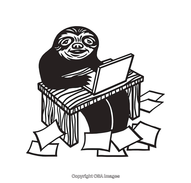 Sloth Working At Desk with Laptop in Black and White Line Art