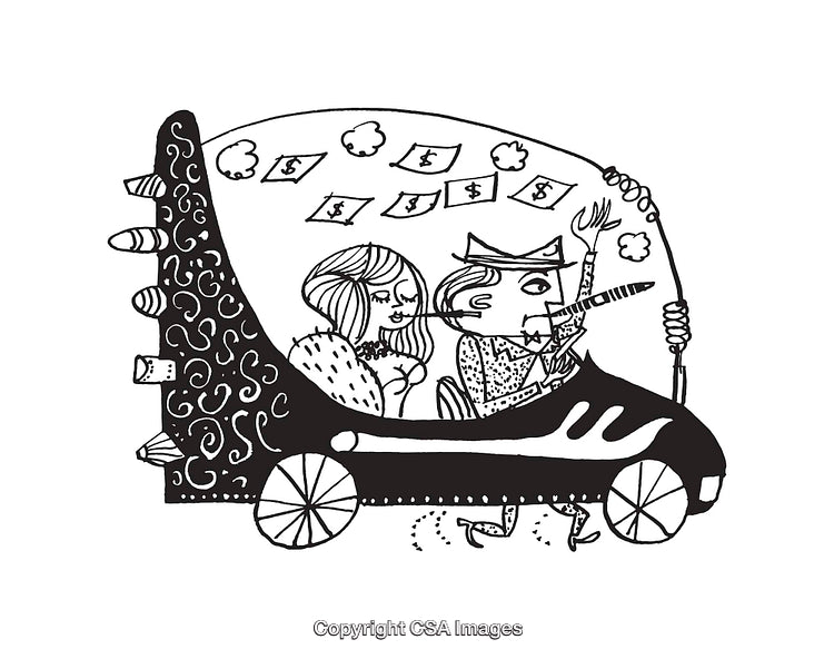 Cartoon Illustration of a Couple Driving a Fancy Car in Black and White