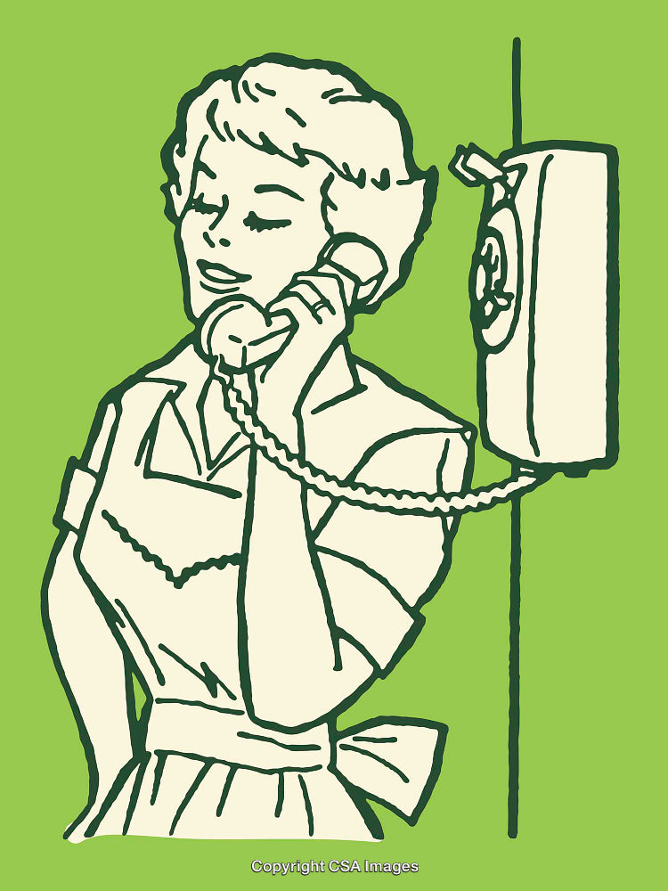 Vintage Illustration of a Woman Using a Wall-Mounted Rotary Telephone