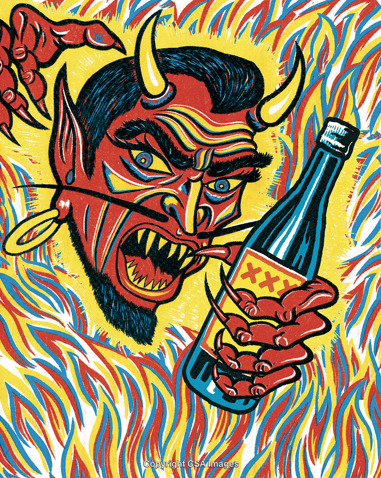 Vibrant Artwork Featuring a Devil Holding a Bottle Amid Fiery Flames