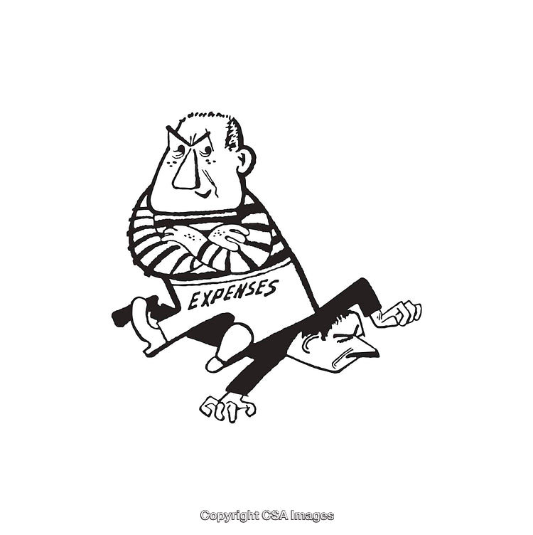 Black and White Line Art Depicting Expenses as a Malevolent Force