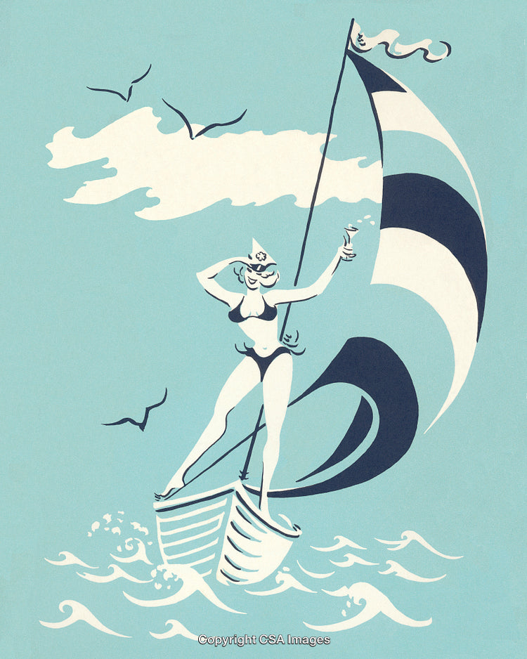 Stylized Illustration of Woman Sailing on a Small Boat with Elegant Waves