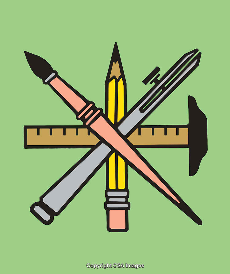 Creative Tools Illustration Featuring Art and Design Instruments Over Green Background
