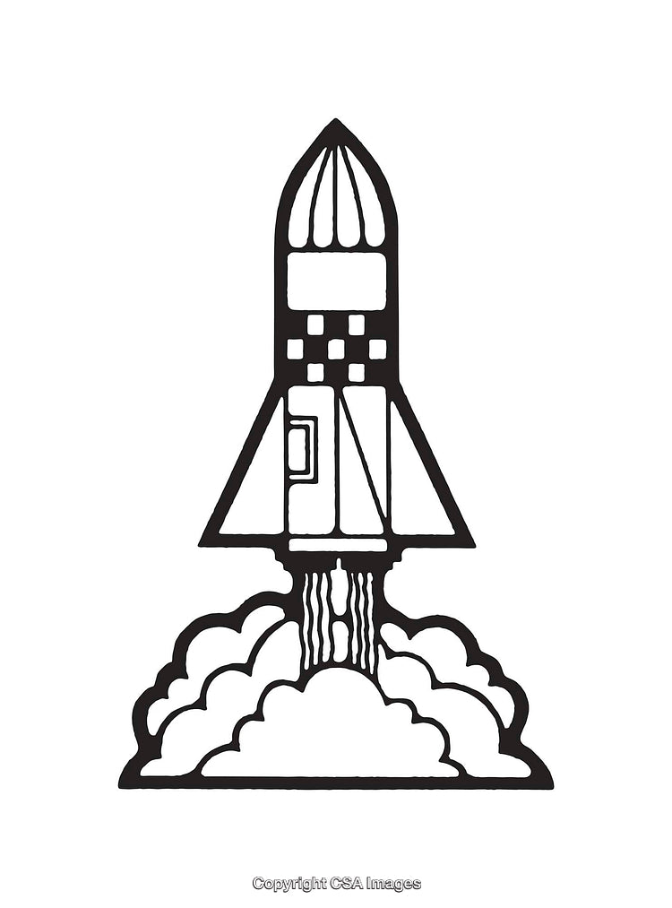 Black and White Line Art Illustration of a Flying Rocket Launch
