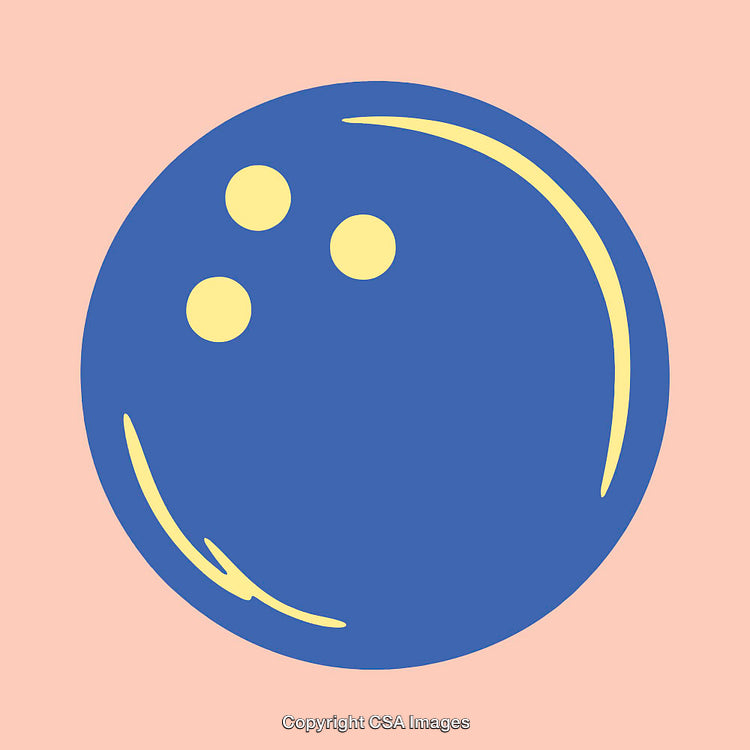 Minimalist Illustration of a Blue and Yellow Bowling Ball on Pastel Background