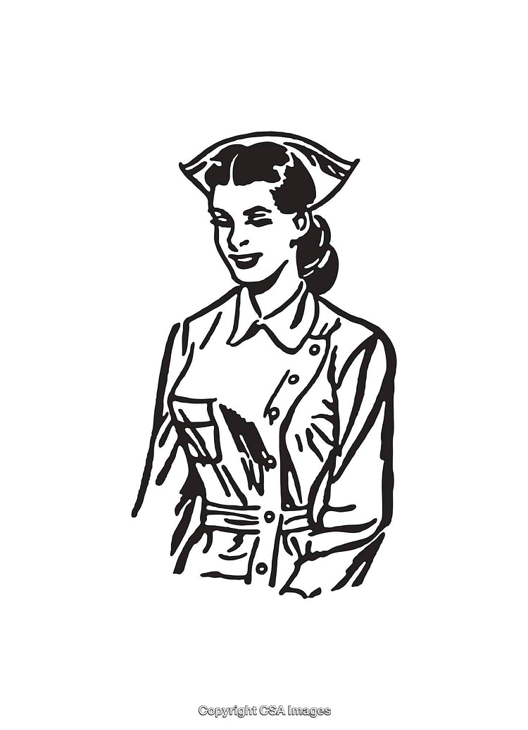 Retro Line Art Illustration of a Smiling Nurse in Uniform