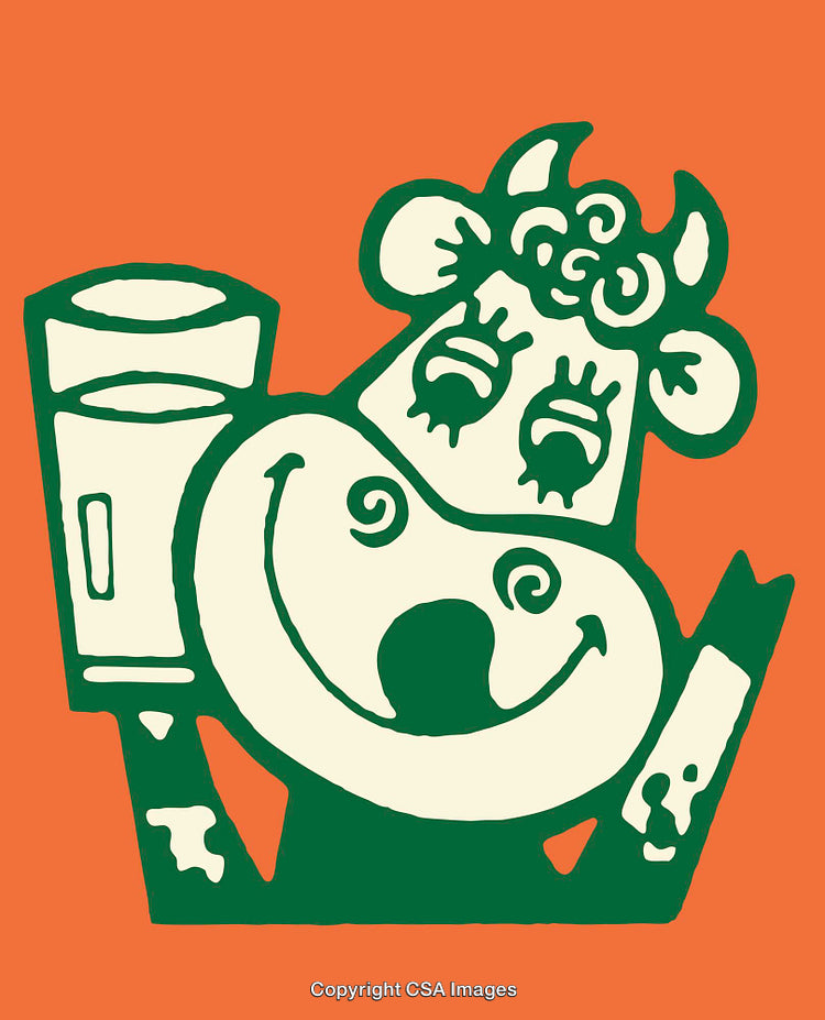 Illustration of Smiling Cartoon Cow Holding a Glass of Milk