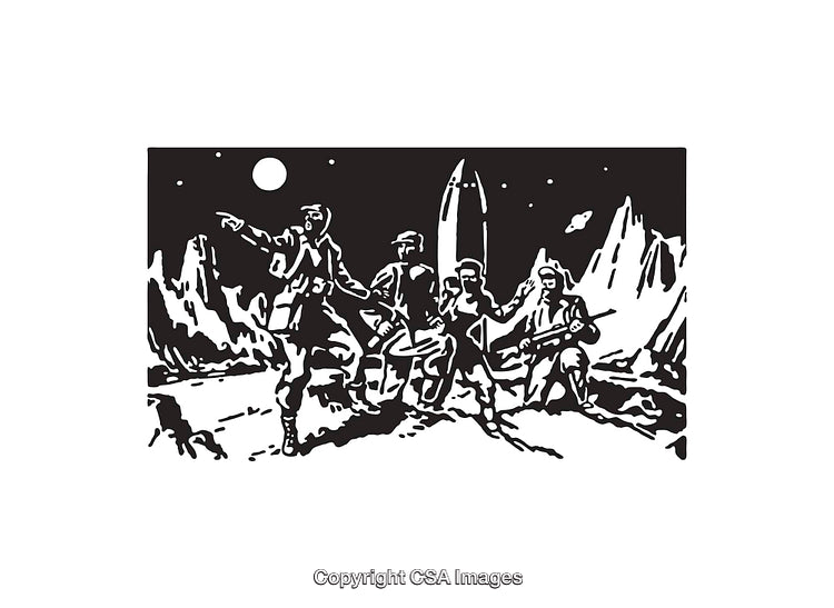 Black and White Line Art Depicting Sci-Fi Characters on an Alien Planet