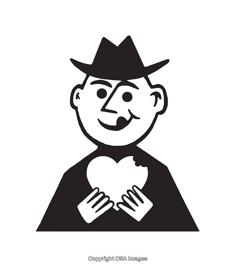 Black and White Illustration of a Smiling Character Holding a Heart
