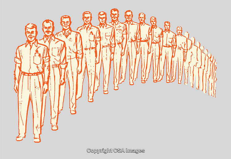 Group of Identical Men in Orange Color Line Art Illustration