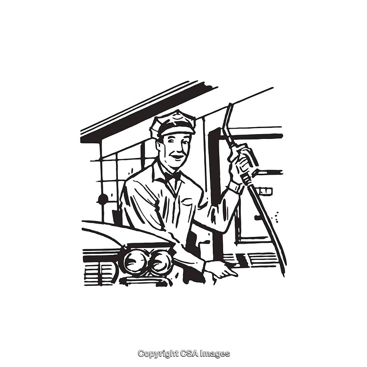 Retro Black and White Gas Station Artwork Featuring Attendant