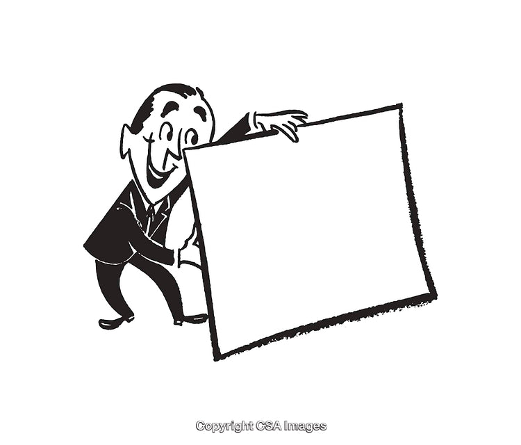 Retro Styled Businessman Holding a Blank Sign for Custom Text Placement