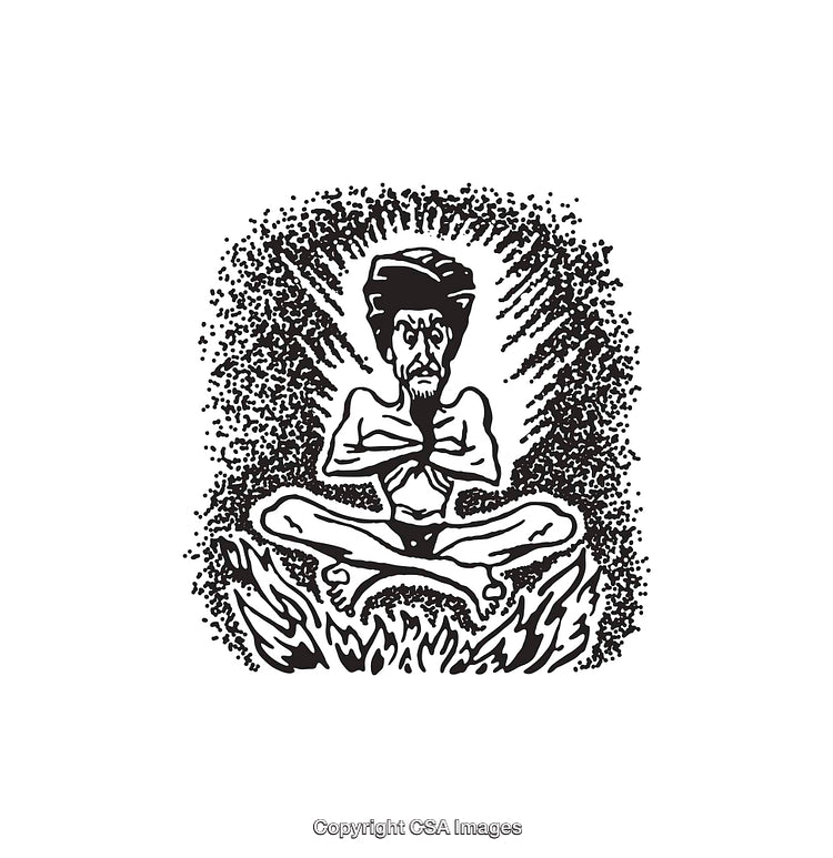 Black And White Illustration of a Person Meditating Surrounded by Flames and Energy