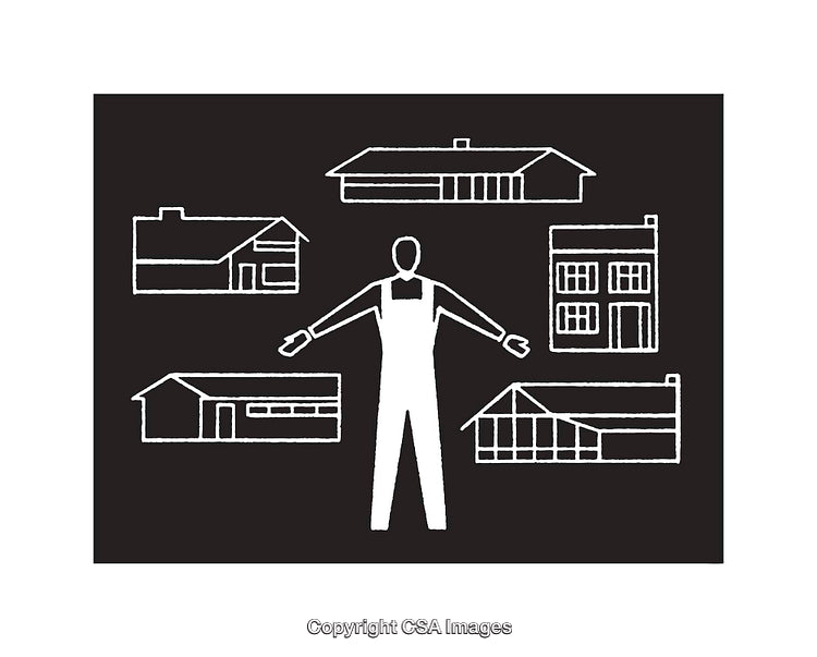 Black and White Line Art Featuring Houses and a Standing Figure Concept