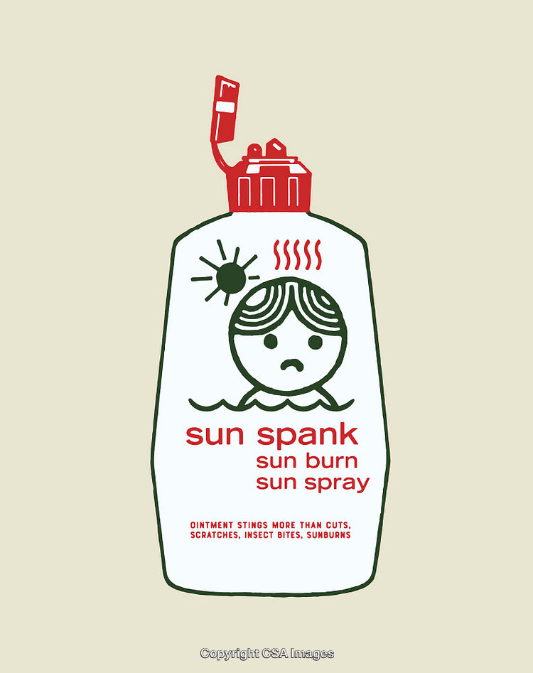 Stylized Sunburn Spray Bottle Illustration Featuring Whimsical Design Elements