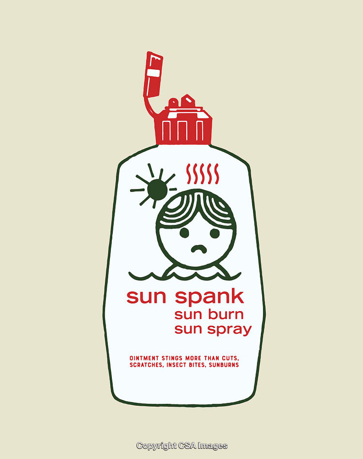 Stylized Sunburn Spray Bottle Illustration Featuring Whimsical Design Elements