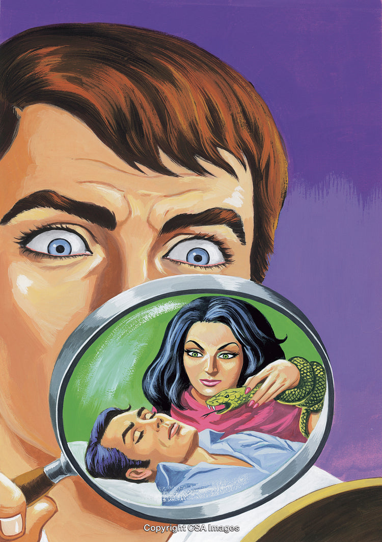 Illustration of Mystery Person Examining an Intriguing Scene Through a Magnifying Glass