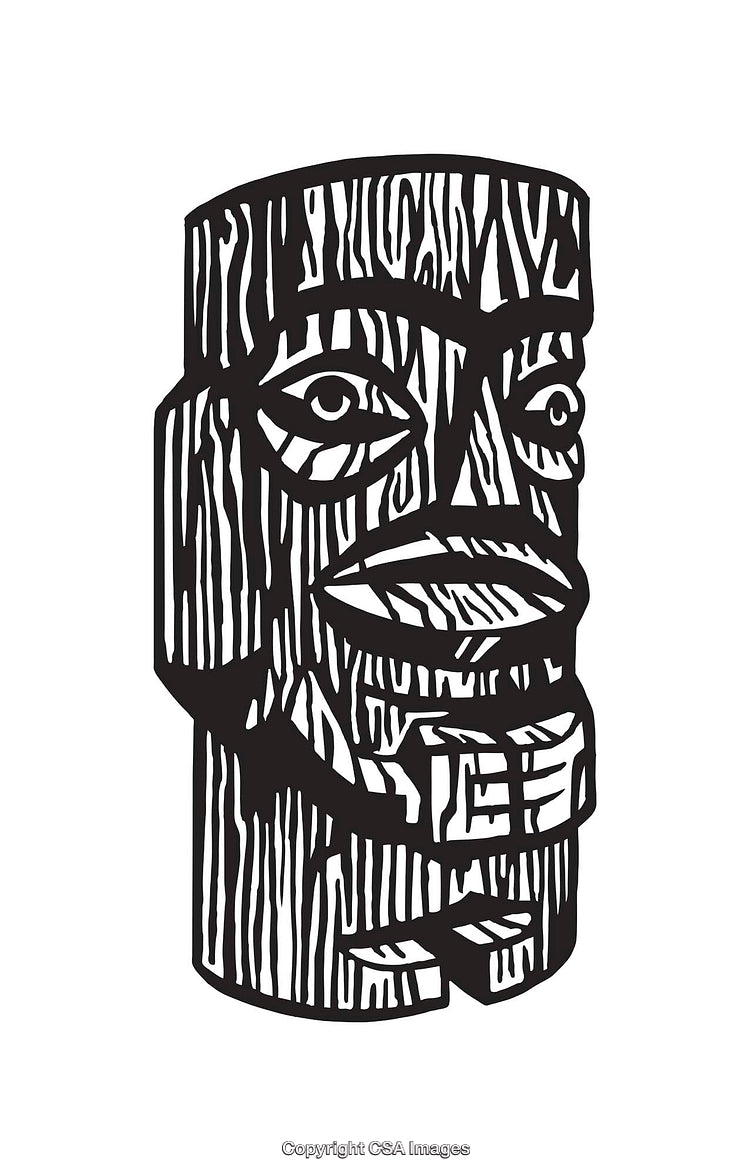 Black and White Tribal Mask Illustration with Distinct Wood Texture Pattern
