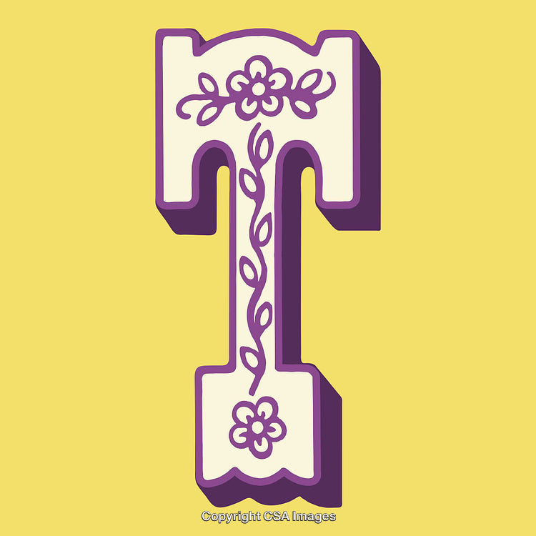 Ornate Letter T Design with Floral Embellishments on a Yellow Background