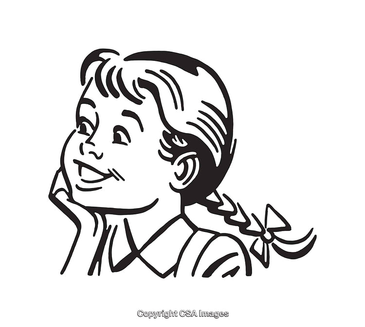 Black and White Line Art Illustration of a Smiling Girl with Pigtails