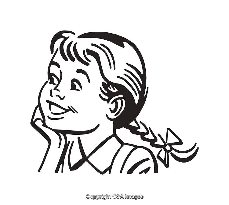Black and White Line Art Illustration of a Smiling Girl with Pigtails