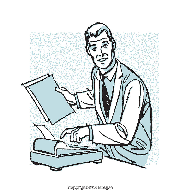 Retro Illustration of Businessman Working at Office Desk with Document