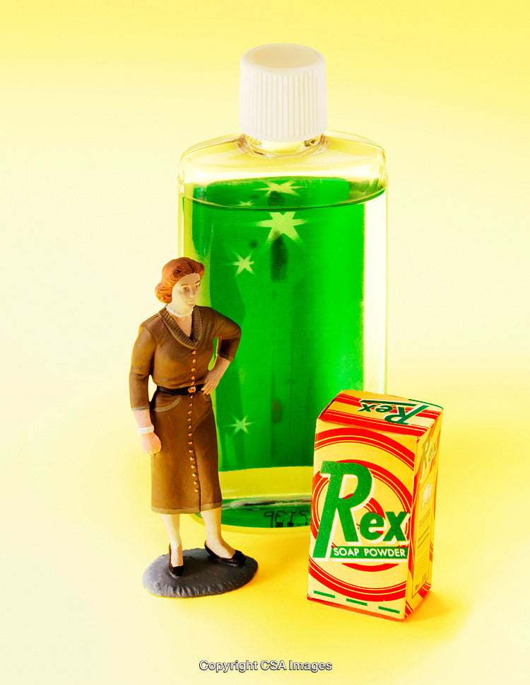 Retro Toy Figures with Soap Product on a Vibrant Background