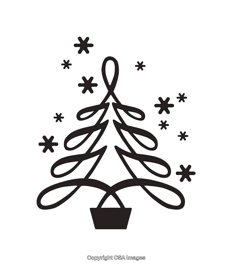 Black and White Line Art Christmas Tree with Snowflake Design Elements