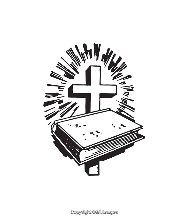 Black and White Line Art of a Bible and Cross Illustration