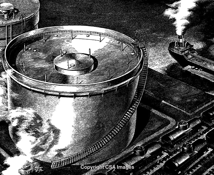 Detailed Engraved Scene of Industrial Tanks and Transport Vehicles