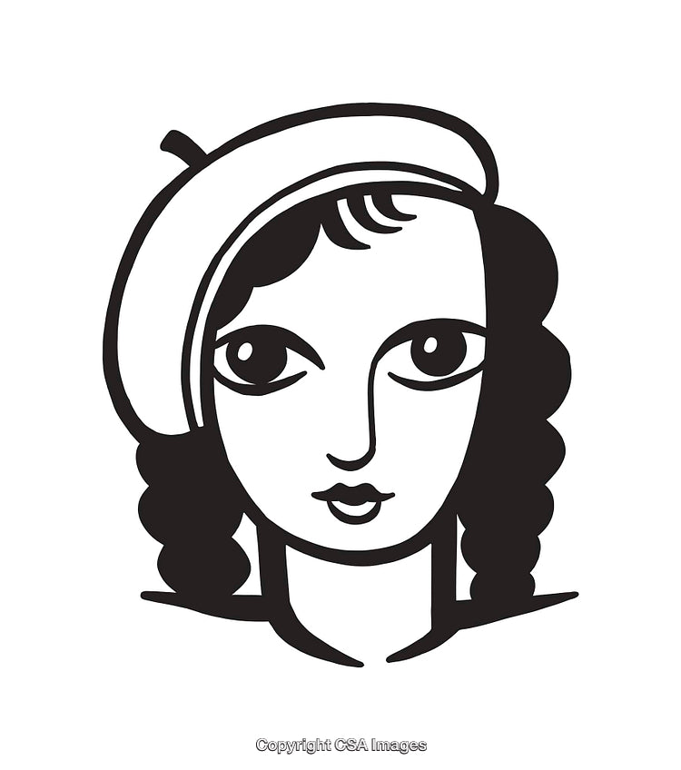 Black And White Illustration Of A Woman Wearing A Classic Beret