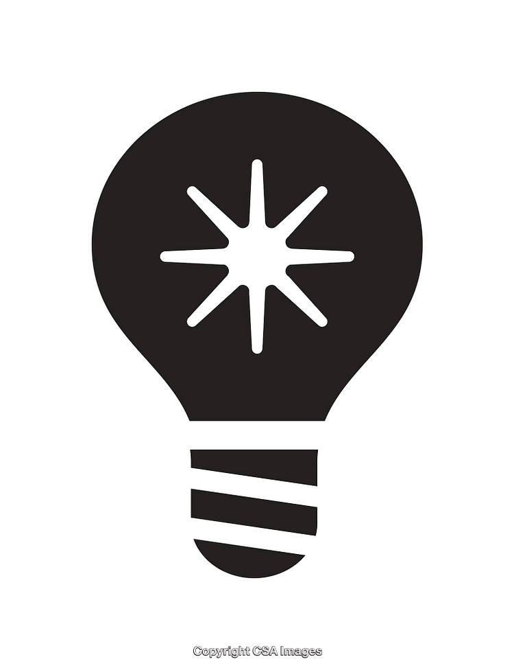 Black and White Lightbulb Icon with Starburst Center Design