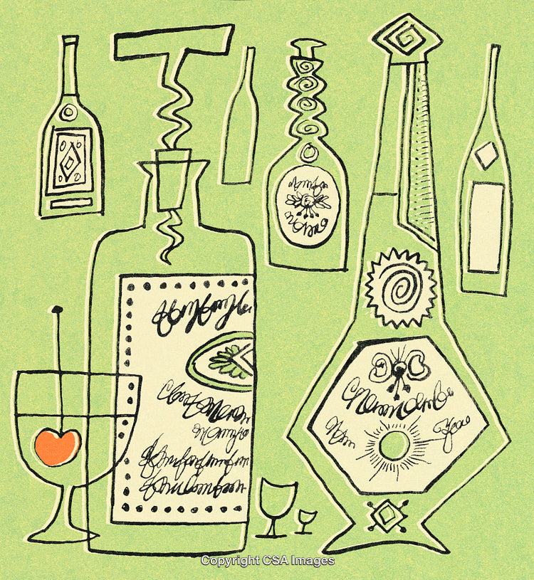 Stylized Illustration of Bottles and Glasses on a Light Green Background