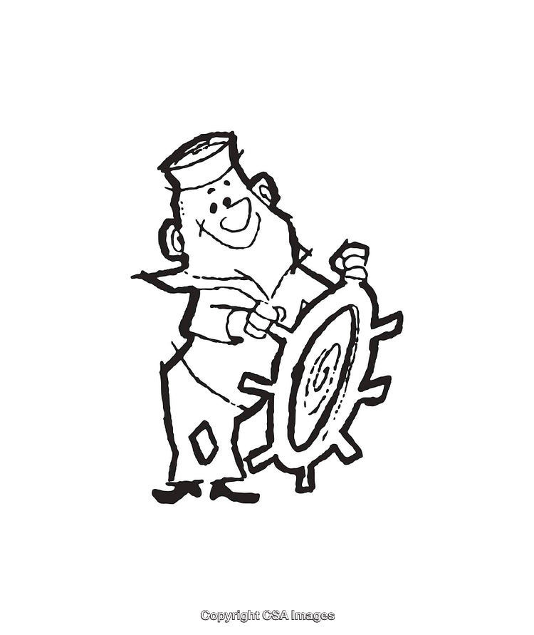 Black and White Line Art of a Sailor Steering a Ship Wheel