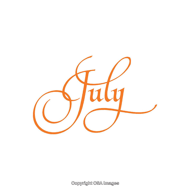 Elegant Orange Script Lettering of the Word 'July' on White Background