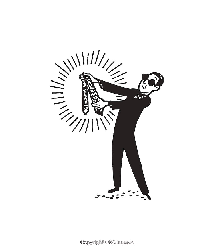 Illustration of a Man Admiring a Tie in Black and White Style