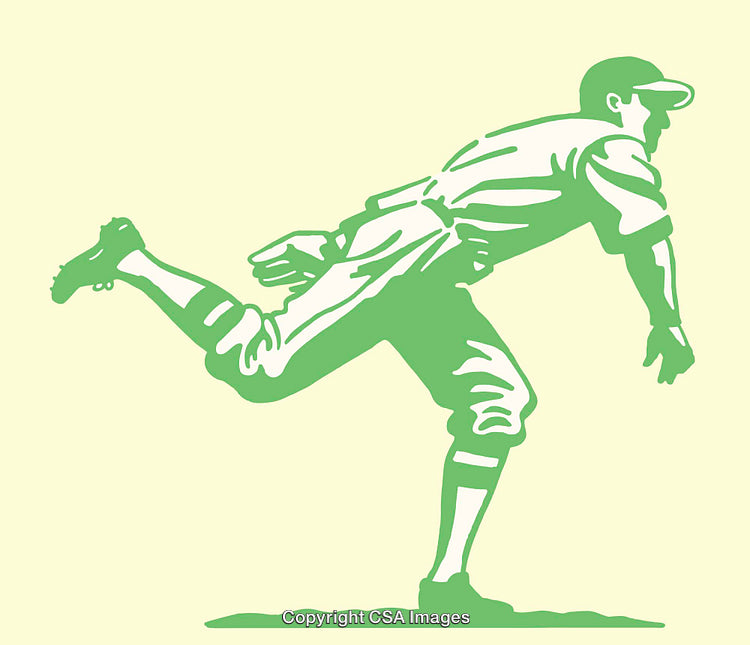 Vintage Color Illustration of a Baseball Player in Action Pitching Stance