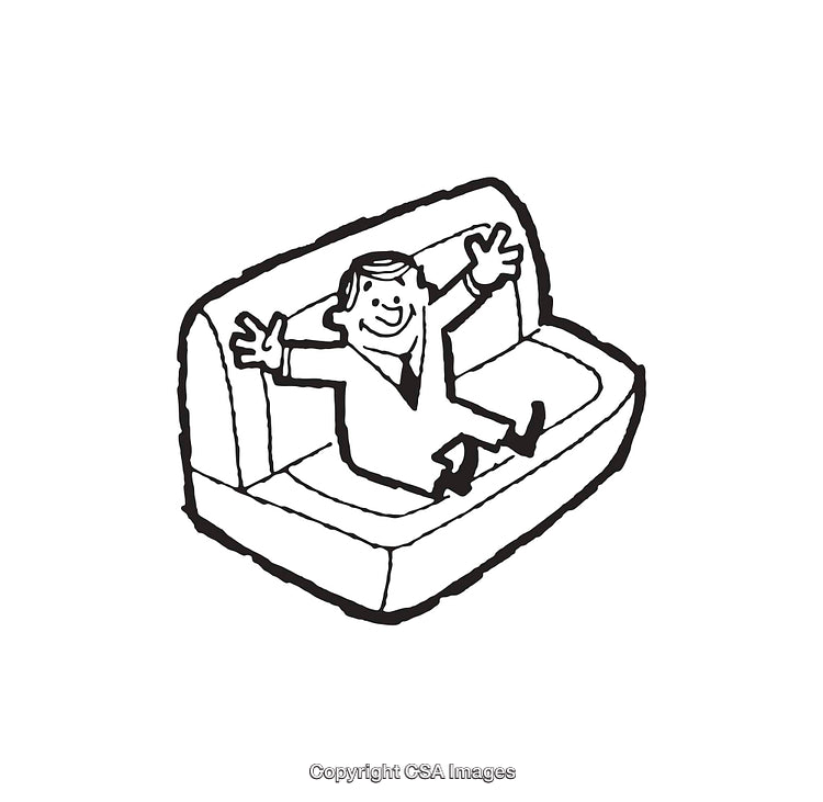 Joyful Businessman Sitting Happily on Sofa in Black and White Style
